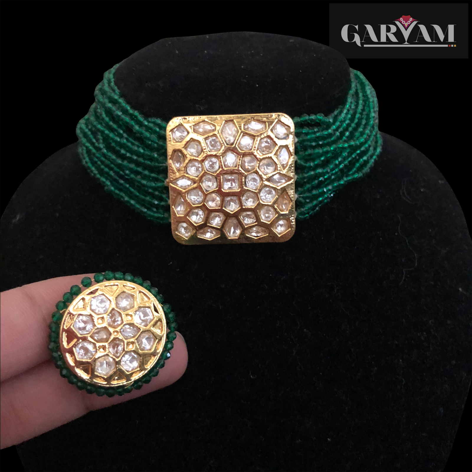 Narumai Green Choker Set | Choker Set | Beaded Set | Polki Jewelry | Bridal Jewelry | Green Bead Choker | Wedding | Simple Necklace | Collar Necklace